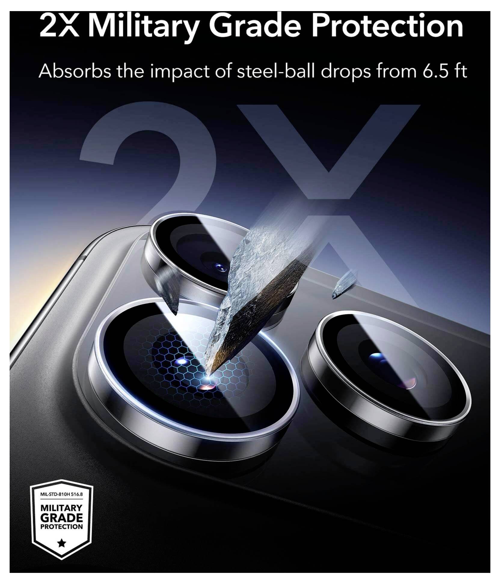 '2-krotna ochrona wojskowa' z obrazem stalowej kuli uderzającej w obiektyw telefonu. Poniżej tekst: 'Pochłania uderzenia stalowej kuli z wysokości 6,5 stóp.'