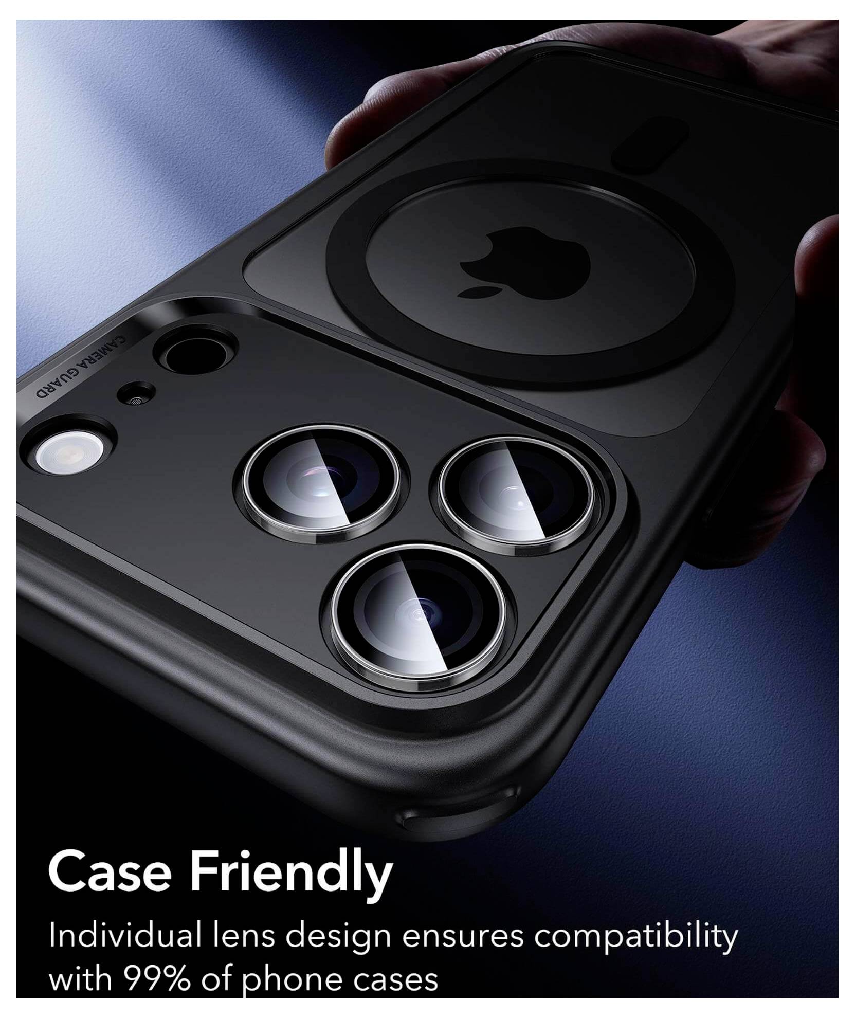 Etui 'przyjazne obudowie' wokół smartfona z widocznymi obiektywami kamery. Tekst: 'Indywidualny projekt obiektywu gwarantuje kompatybilność z 99% obudów telefonów.'