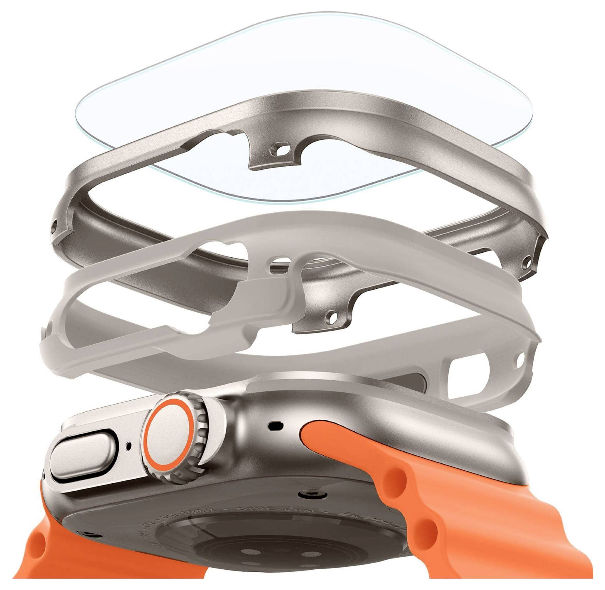 Widok rozstrzelony smartwatcha z srebrną obudową, pomarańczowym paskiem oraz warstwami komponentów, w tym ekranem i przyciskami.