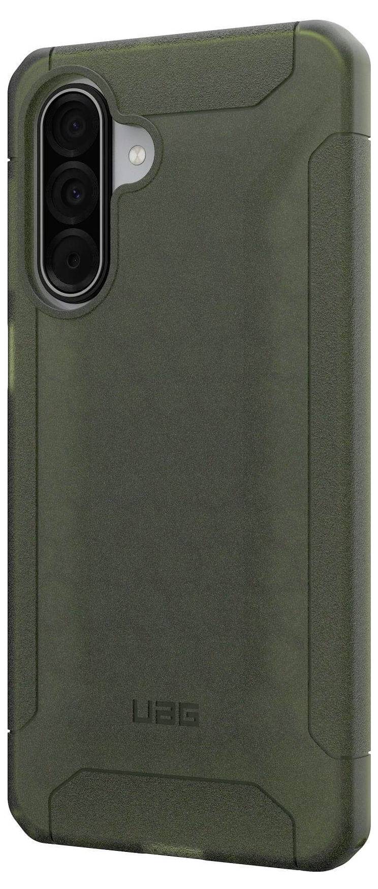 Wytrzymały, ciemnozielony pokrowiec na telefon zaprojektowany z myślą o ochronie, z teksturowanymi krawędziami oraz wycięciami na aparat i przyciski.