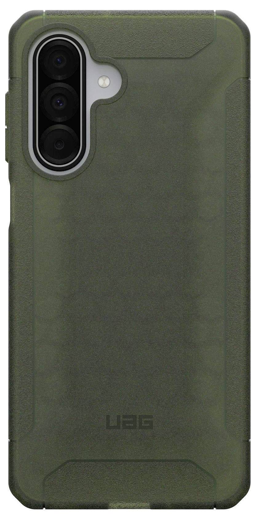 Zielone wzmocnione etui na smartfona z wzmocnionymi krawędziami, trzema otworami na aparaty oraz logo 'UAG' u dołu. Odpowiednie do ochrony.
