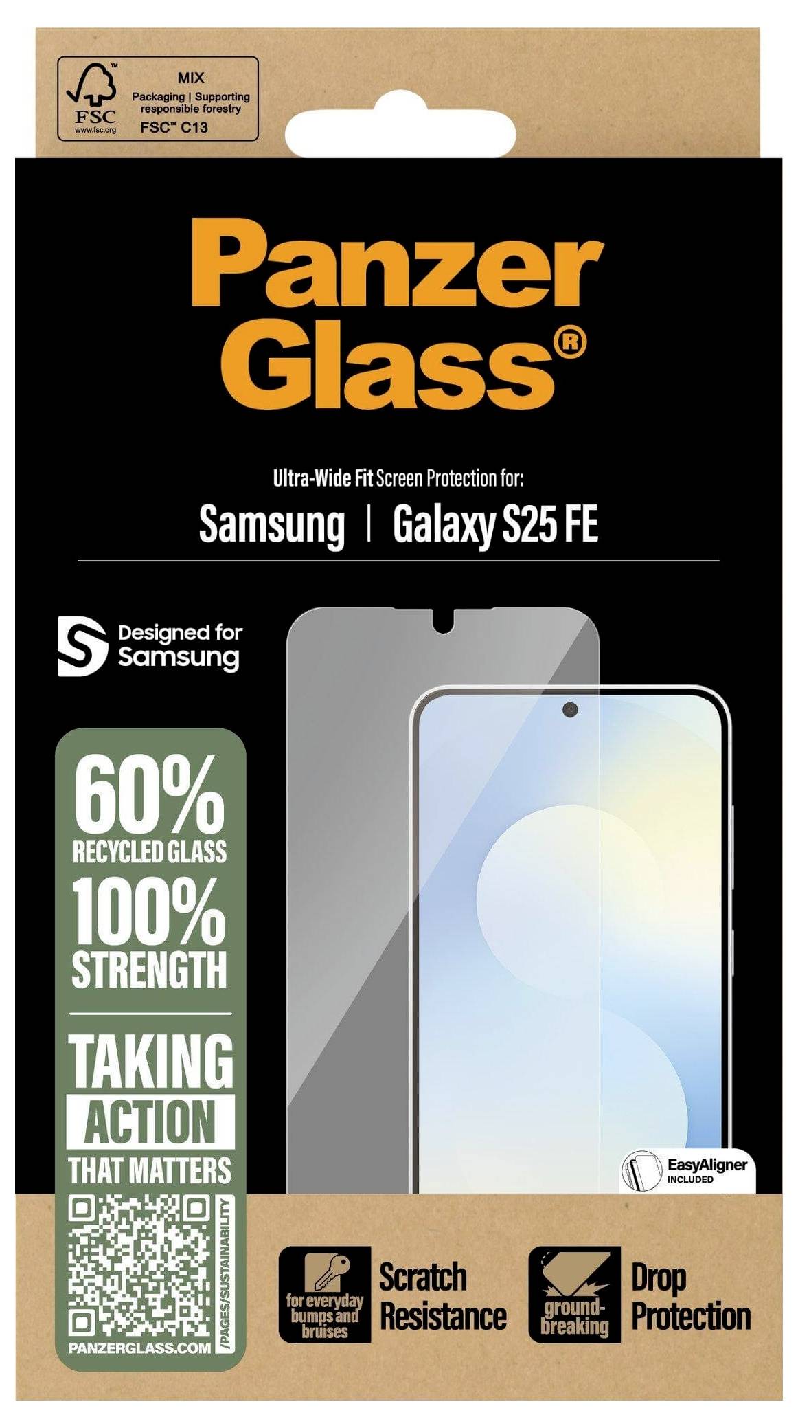 Szkło hartowane Panzer Glass do Samsung Galaxy S25 FE, wykonane w 60% z materiałów recyklingowych, zapewniające 100% wytrzymałości, o podwyższonej odporności na zarysowania.