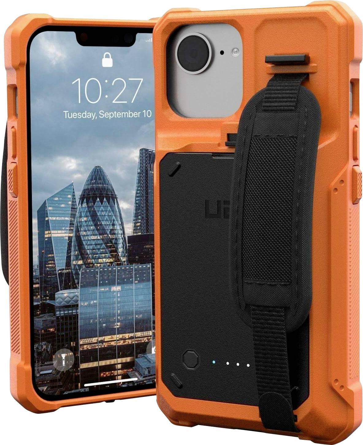 Wytrzymały, pomarańczowy pokrowiec na telefon z czarnym paskiem chroni nowoczesny smartfon wyświetlający panoramę miasta na ekranie.