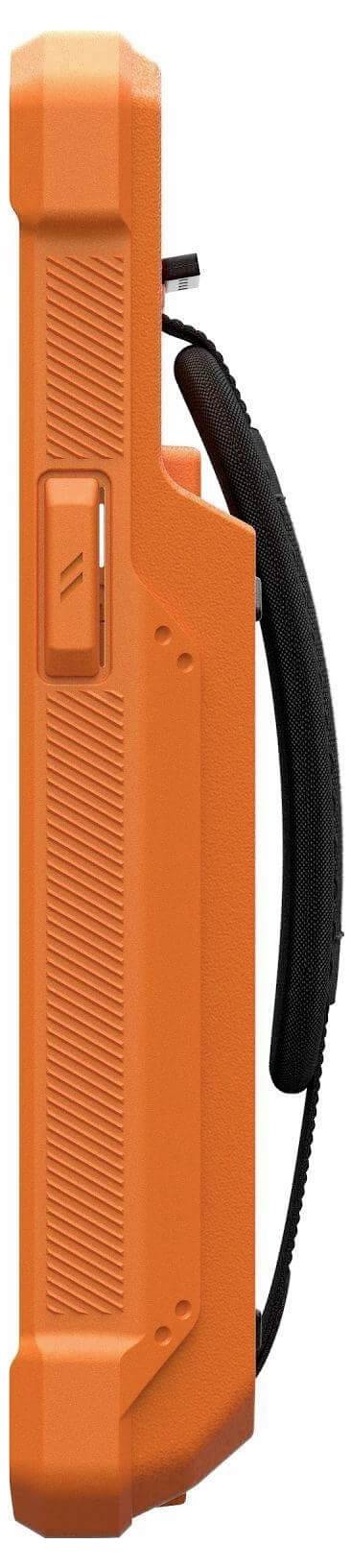 Jasnopomarańczowe, ochronne etui na dysk twardy o wytrzymałej konstrukcji. Wyposażone w boczną zatrzaskową klamrę i czarny kabel.