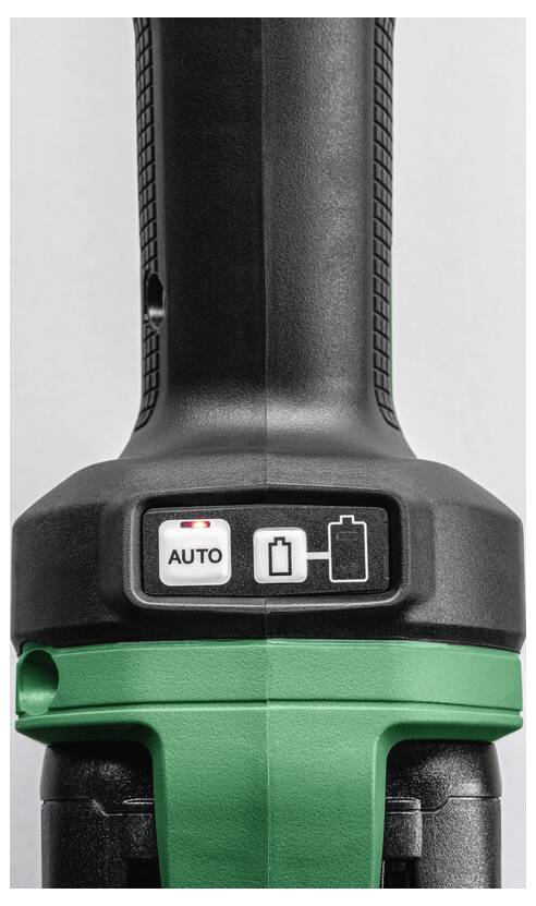 Przełącznik elektronarzędzia z zieloną rękojeścią z widocznymi elementami sterującymi, w tym przyciskiem 'AUTO' oraz wskaźnikiem naładowania baterii.