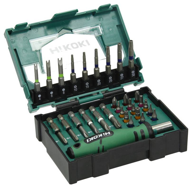 Zestaw wierteł marki 'HiKOKI' w kolorach zielonym i czarnym z wieloma wiertłami w czarnym plastikowym pudełku, ułożonymi w rzędach, z otwartą pokrywą.