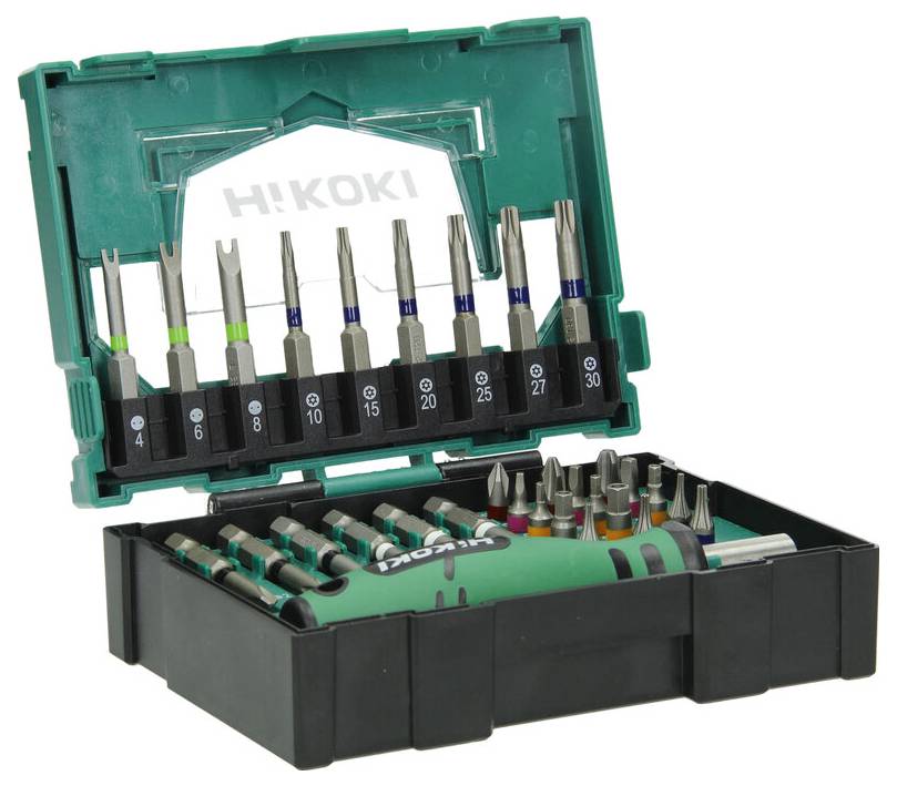 Zielono-czarne etui zawierające różne końcówki śrubokrętowe i uchwyt, oznaczone różnymi rozmiarami do użytku w zadaniach mechanicznych.