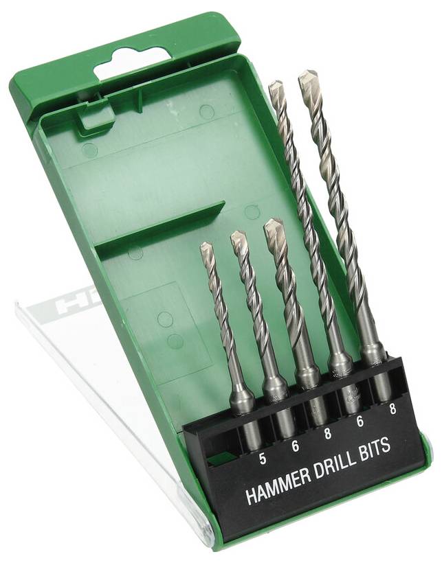 Wiertła do młotowiertarki 5-8 w zielonej walizce, prezentujące pięć różnych rozmiarów wierteł ułożonych od najmniejszego do największego.