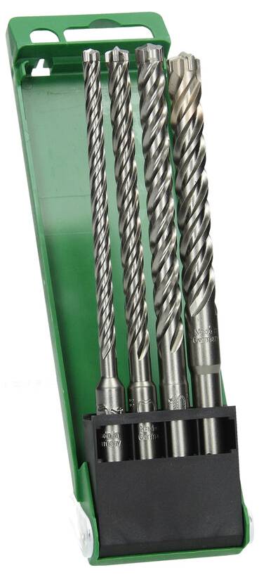 Zielony plastikowy pojemnik zawierający cztery metalowe wiertła do betonu o różnych rozmiarach, ułożone pionowo.