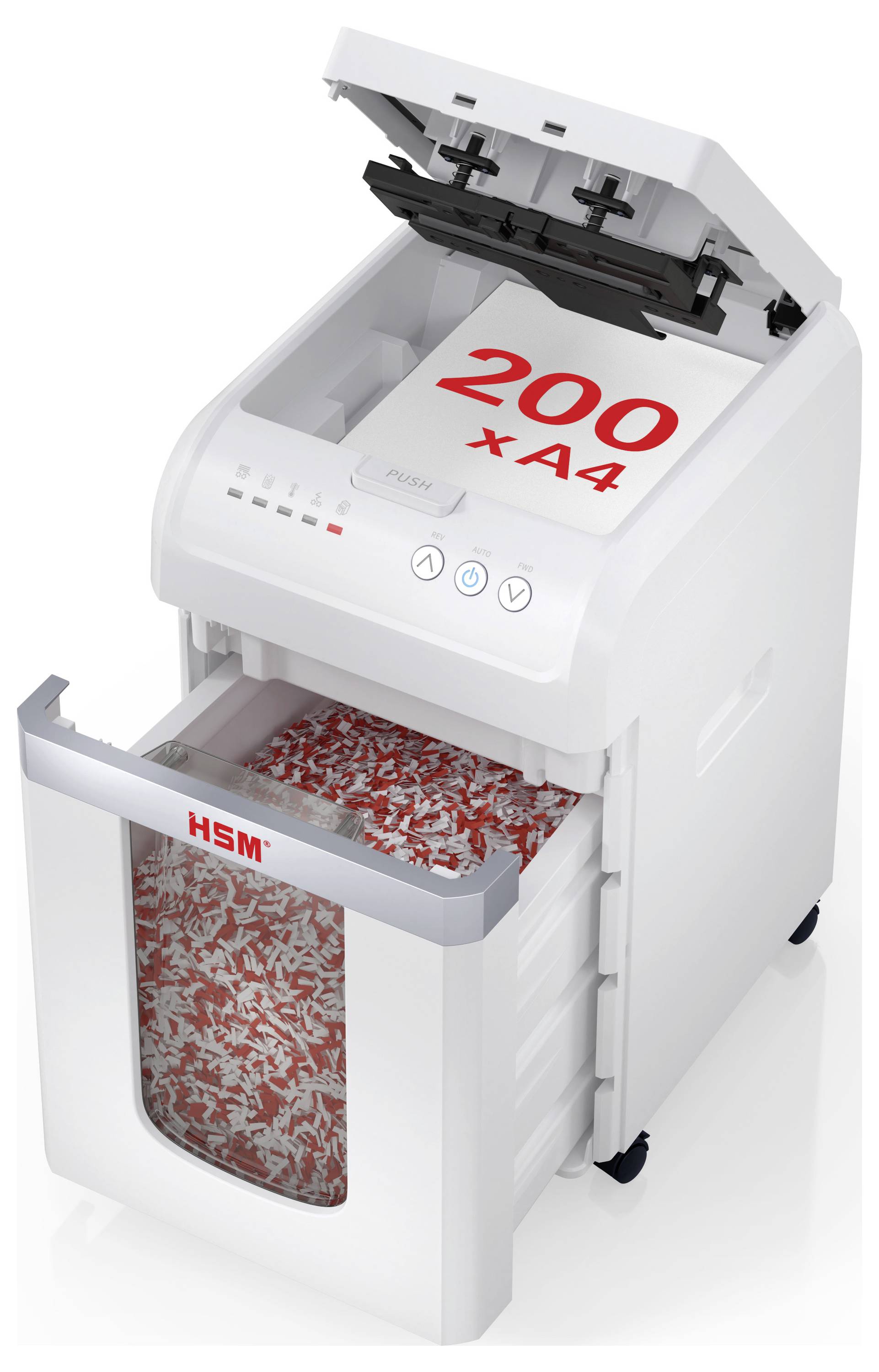 Biały niszczarka dokumentów o pojemności 200 arkuszy formatu A4, z otwartą pokrywą ukazującą mechanizm niszczący, z widocznymi czerwonymi kawałkami papieru w wysuwanym koszu.