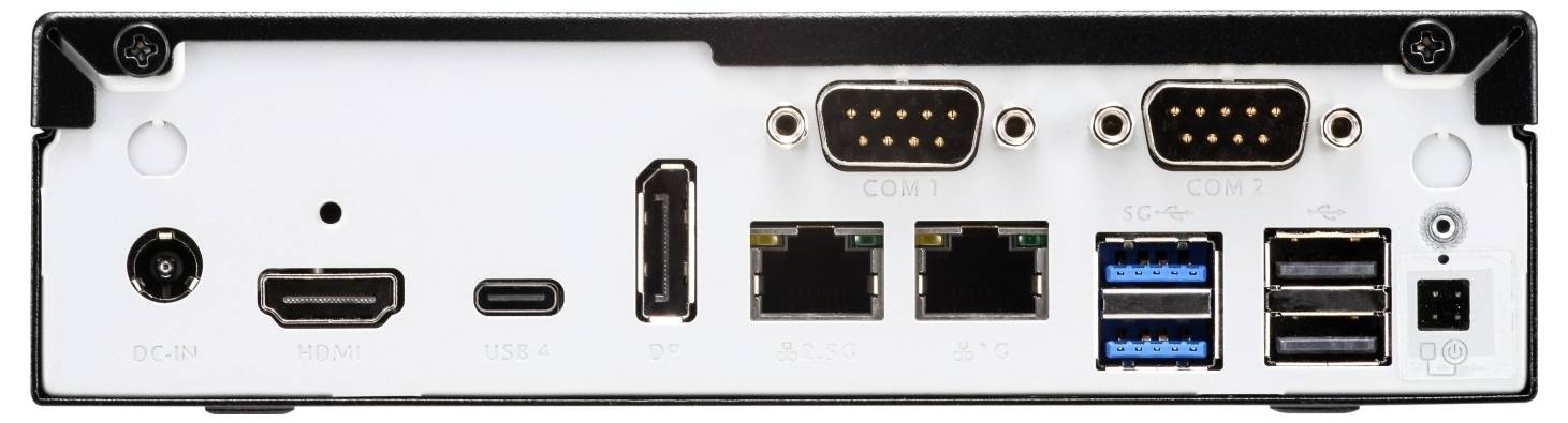 Panel tylny urządzenia z wieloma portami: zasilanie, HDMI, USB-C, COM 1 i 2, dwa porty Ethernet, cztery porty USB oraz audio.