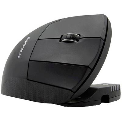 Czarna ergonomiczna mysz komputerowa o pionowej konstrukcji, wyposażona w rolkę przewijania i oznaczona logo "Quinmouse" na boku.