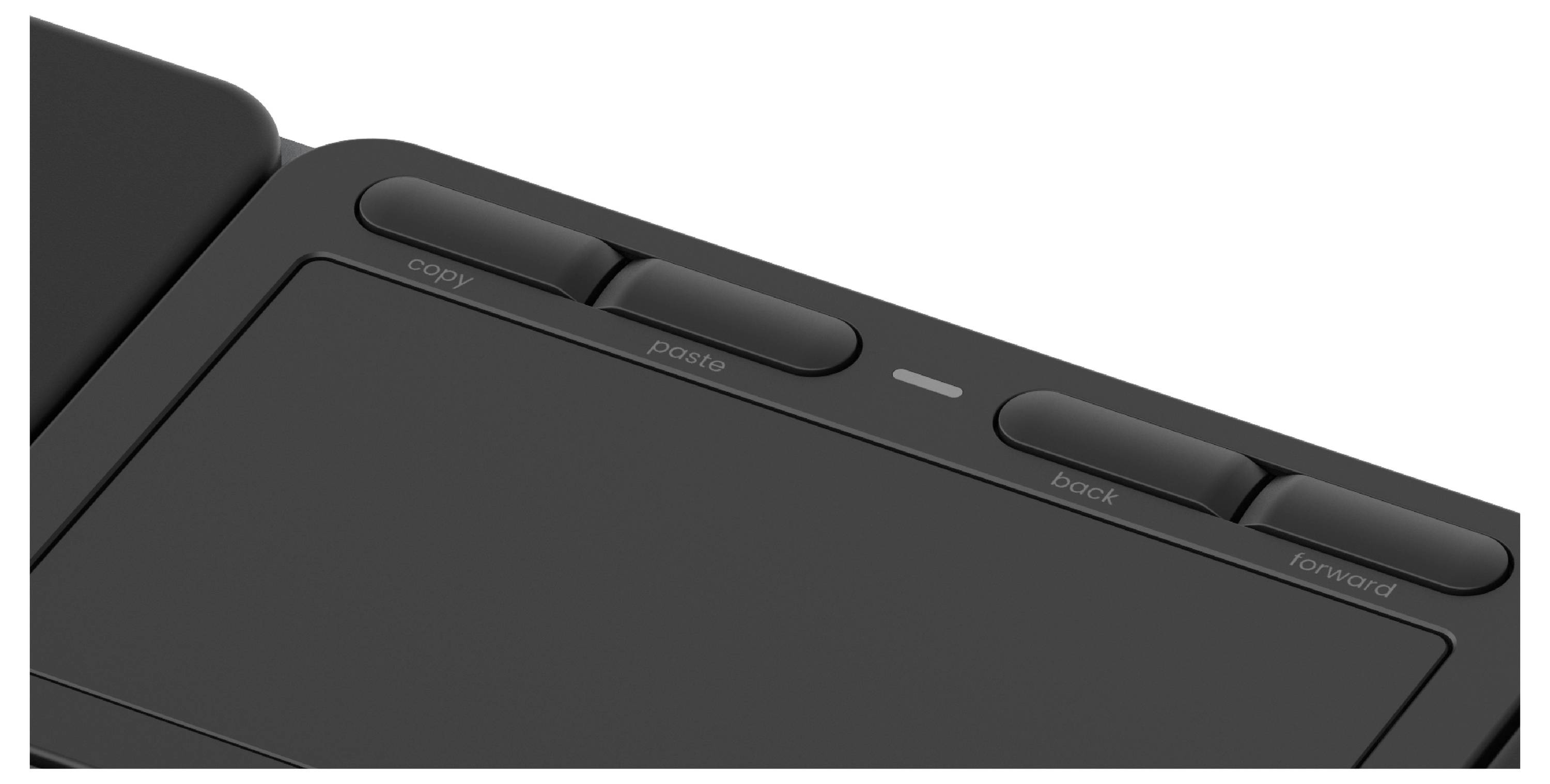 Touchpad z pięcioma przyciskami oznaczonymi jako 'kopiuj', 'wklej', 'wstecz' i 'dalej', zaprojektowany do szybkiego dostępu do typowych poleceń.