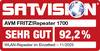 AVM FRITZ!Repeater 1700 otrzymał w indywidualnym teście wzmacniaczy sieci Wi-Fi przeprowadzonym przez SATVISION ocenę 'BARDZO DOBRY' z wynikiem 92,2% w listopadzie 2025 roku.