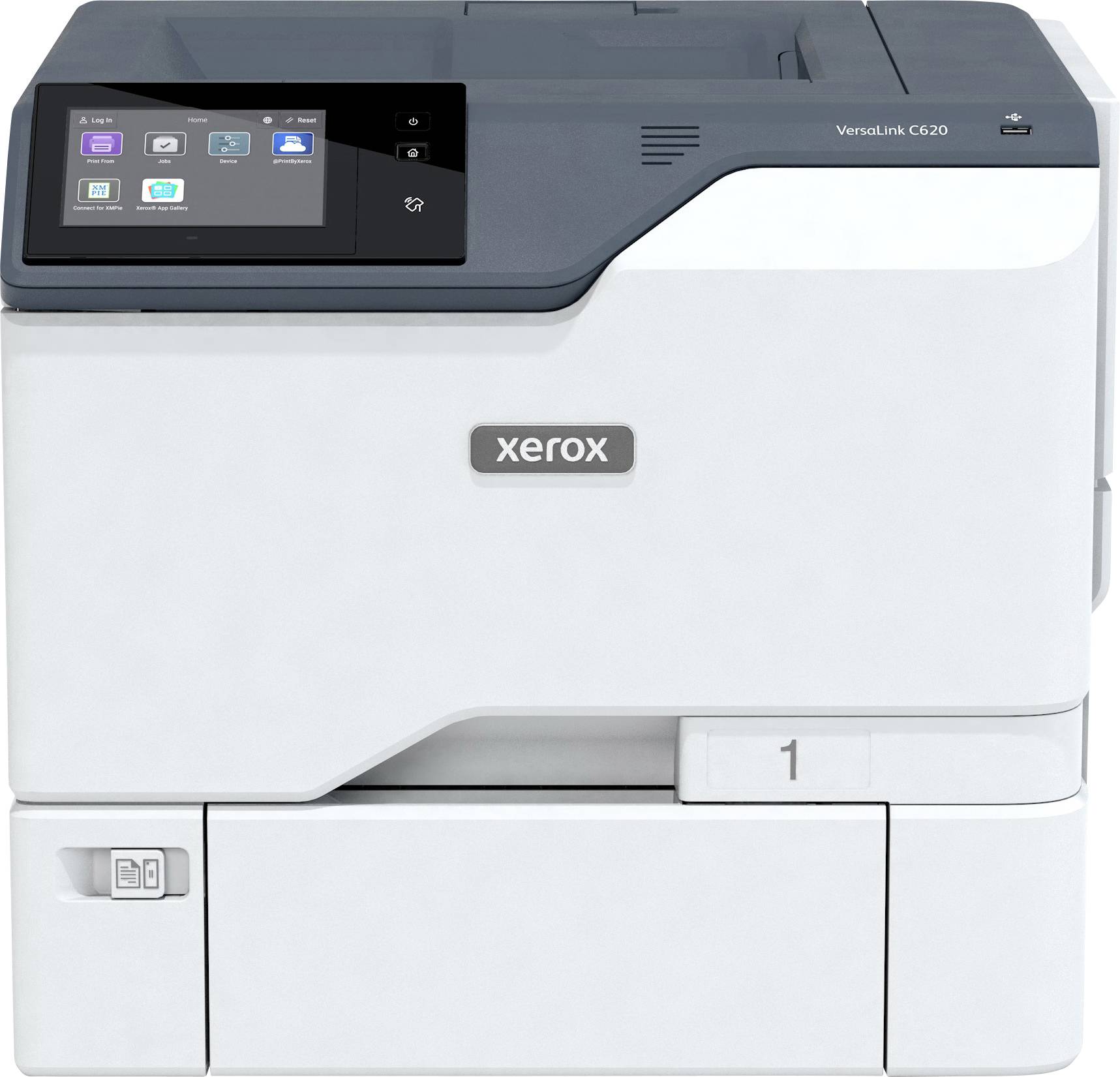 Drukarka Xerox VersaLink C620 z interfejsem dotykowym, wyświetlająca różne ikony, podkreślająca jej nowoczesny design i funkcjonalność.