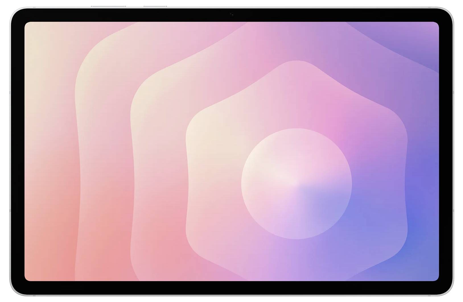 Ekran tabletu wyświetlający miękki gradient z nakładającymi się, koncentrycznymi kształtami w pastelowych odcieniach różu i fioletu.