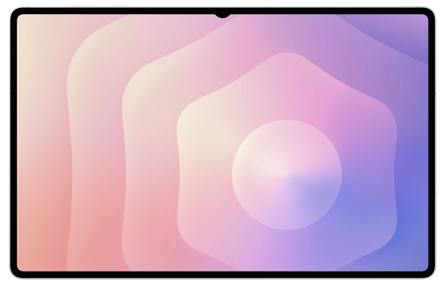 Tablet z ekranem wyświetlającym pastelowy gradient w postaci koncentrycznych, falistych kształtów w odcieniach różu, brzoskwini i fioletu.