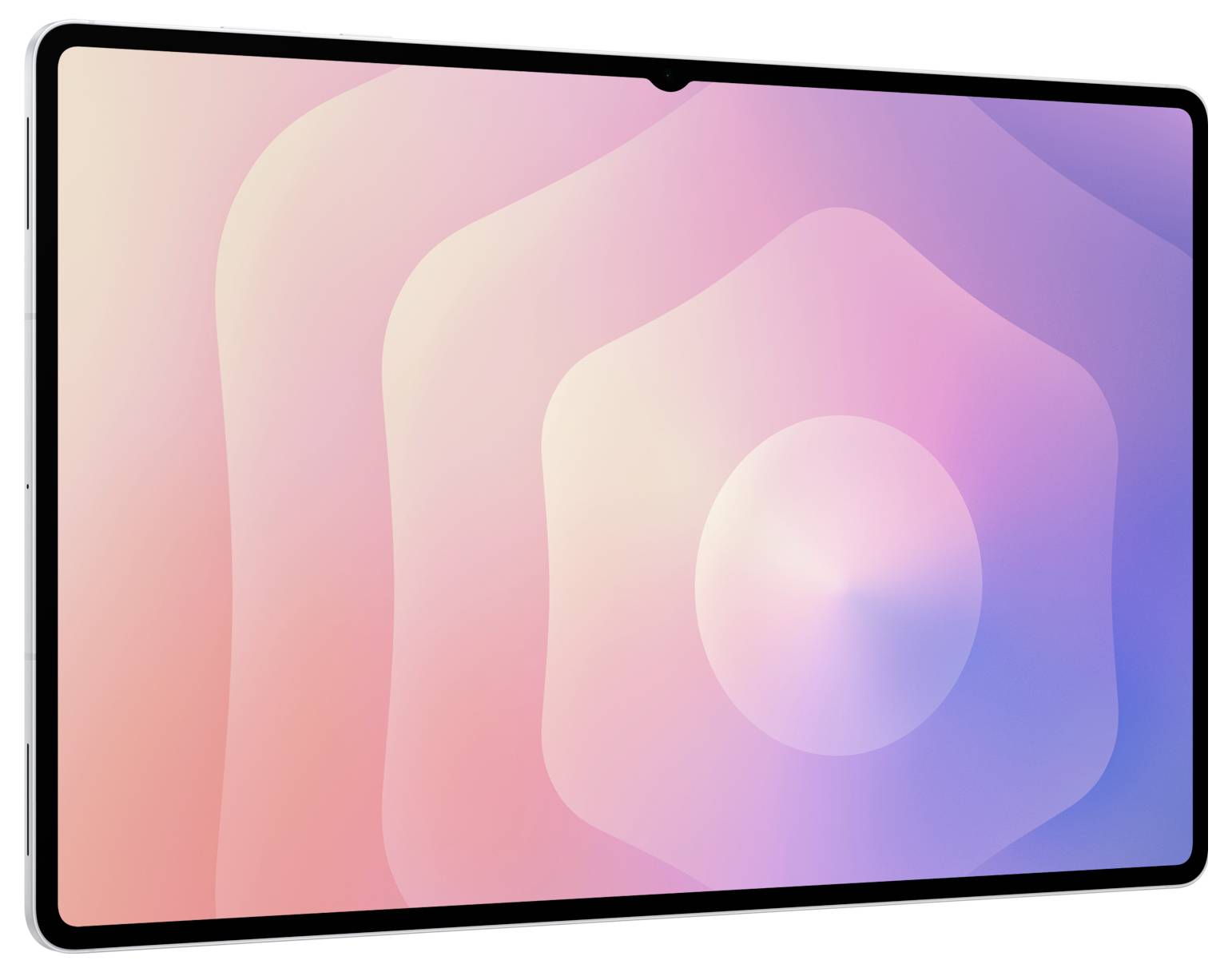 Tablet z cienką ramką wyświetlający wygaszacz ekranu z abstrakcyjnymi różowo-fioletowymi kształtami gradientu promieniującymi z centrum.