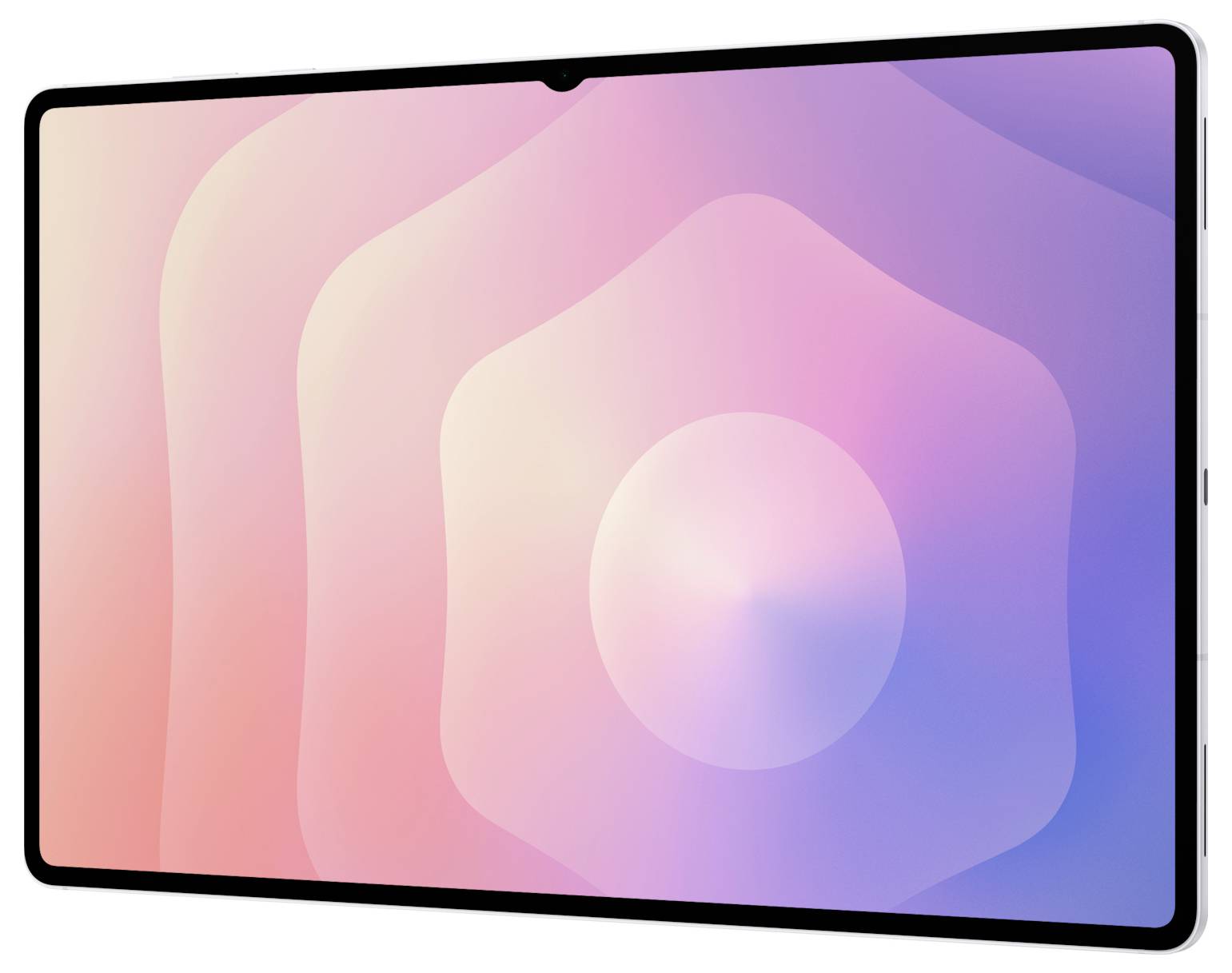 Urządzenie tablet z ekranem o geometrycznym wzorze w odcieniach różu i fioletu, z kołowym wzorem pośrodku.