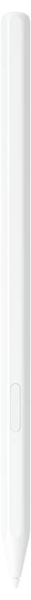 Biały długopis z rysikiem, posiadający płaską krawędź i przycisk, przeznaczony do ekranów dotykowych i tabletów graficznych.