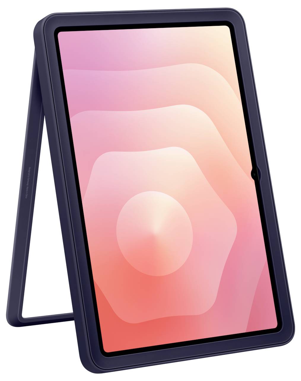 Tablet w granatowym etui, ustawiony pionowo, z różowo-pomarańczowym abstrakcyjnym wzorem na ekranie.
