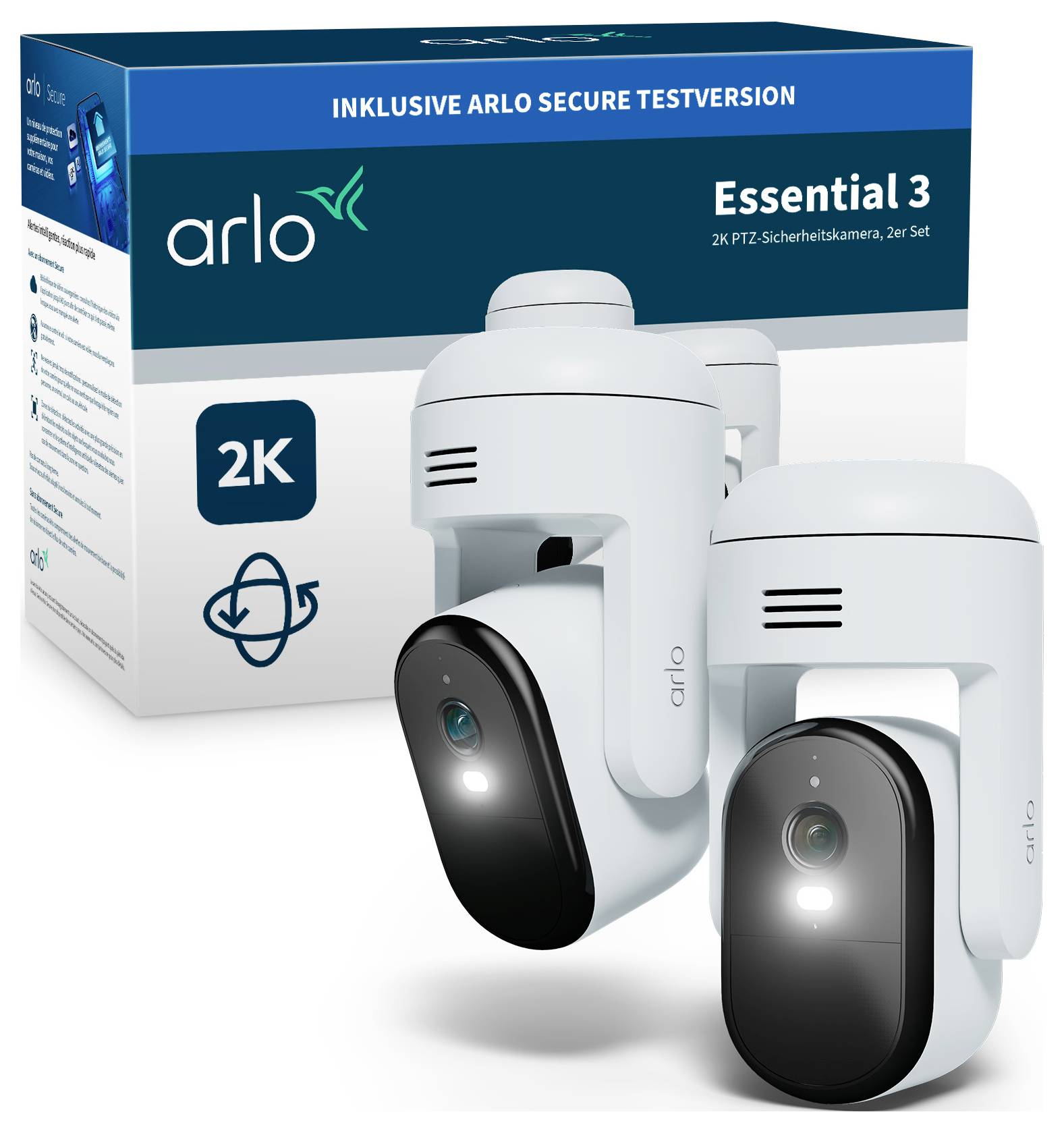 Pakiet kamery bezpieczeństwa Arlo Essential 3 składający się z dwóch białych kamer z funkcją widzenia nocnego i wykrywania ruchu, oznaczonych rozdzielczością '2K'.