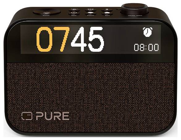 Cyfrowy budzik wyświetlający '07:45' dużymi cyframi i '08:00' mniejszymi cyframi. Nazwa marki 'PURE' u dołu.