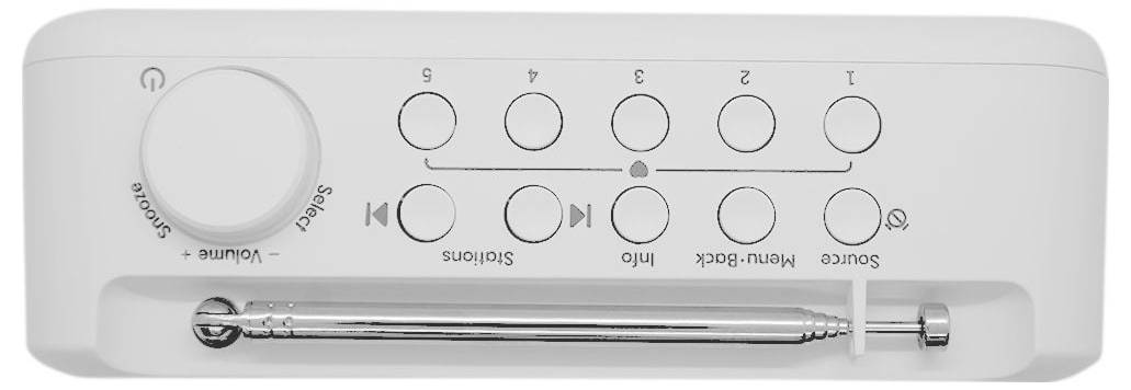 Biała elektroniczna urządzenie z przyciskami oznaczonymi od 1 do 6, pokrętłem głośności po lewej stronie i anteną u dołu, prawdopodobnie radio lub urządzenie audio.