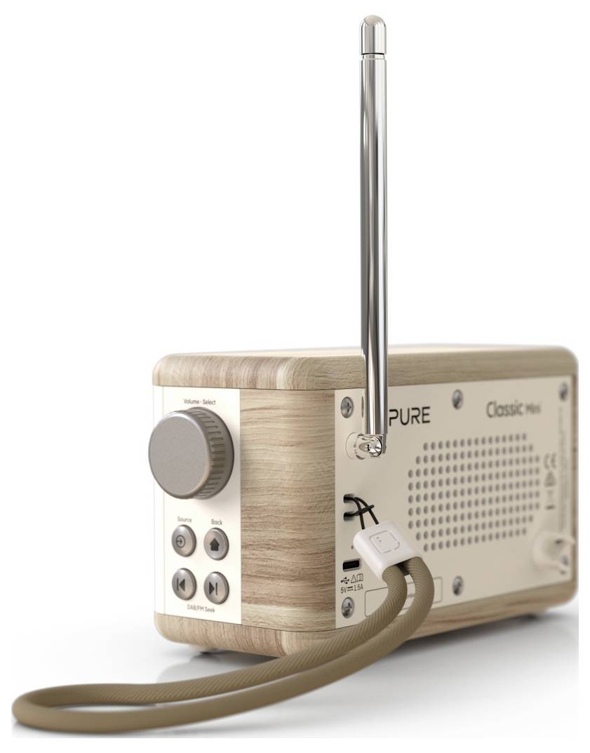 Kompaktowe, drewniane radio w stylu vintage z srebrną anteną i przednimi pokrętłami do strojenia i regulacji głośności, oznaczone marką 'PURE Classic Mini'.