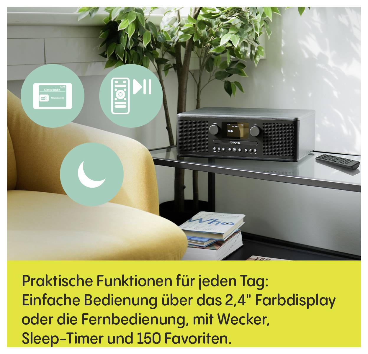 Nowoczesne radio stojące na stole z ikonami wskazującymi funkcje, takie jak 2,4-calowy wyświetlacz, pilot zdalnego sterowania, alarm, timer uśpienia oraz 150 wstępnie ustawionych stacji.