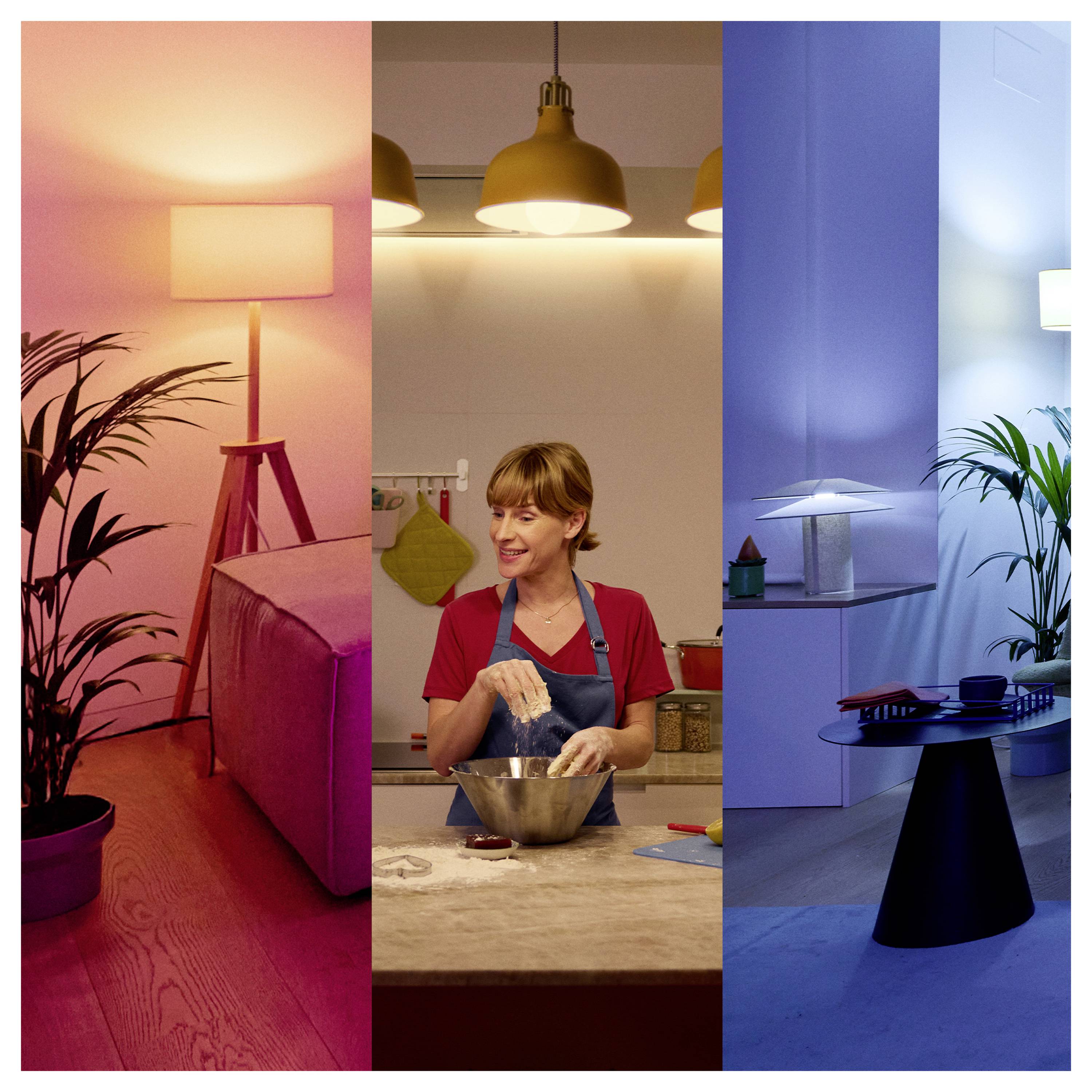 Kobieta w kuchni miesza ciasto w misce. Przestrzeń charakteryzuje różnorodne oświetlenie: ciepłe po lewej stronie, neutralne w centrum i chłodne po prawej stronie.