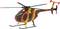 Model helikoptera z oznaczeniem 'Flitezone', pomalowany na pomarańczowo, brązowo i żółto, wyposażony w sześć łopat głównych i dwułopatowy śmigłowiec ogonowy.