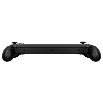 Czarny, ręczny sprzęt do gier oglądany z boku, z naciskiem na jego smukłą sylwetkę i dwa ergonomiczne joysticki umieszczone na każdym końcu.