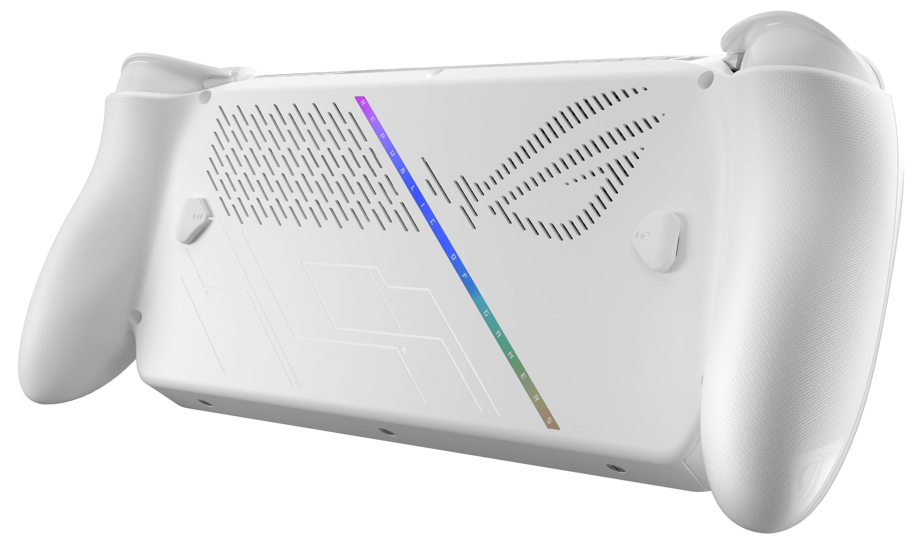 Biały kontroler do gier, widok z tyłu, z teksturowanym uchwytem, podwójnymi drążkami analogowymi oraz paskiem RGB na środku z logo ROG i geometrycznym wzorem.