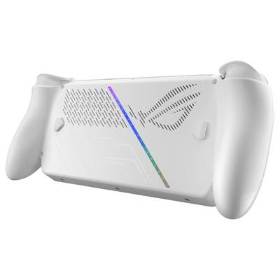 Biały kontroler do gier, widok z tyłu, z teksturowanym uchwytem, podwójnymi drążkami analogowymi oraz paskiem RGB na środku z logo ROG i geometrycznym wzorem.