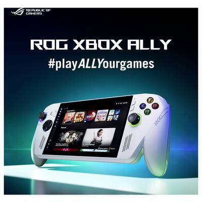 Przenośne urządzenie do gier z ekranem wyświetlającym opcje gry, oznaczone etykietą 'ROG XBOX ALLY', z hashtagiem 'playALLYourgames'.
