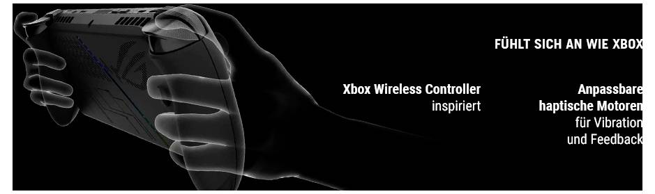 Ręce trzymają urządzenie do gier podobne do „bezprzewodowego kontrolera Xbox". Tekst w języku niemieckim podkreśla regulowane silniki haptyczne do przekazywania informacji zwrotnych.