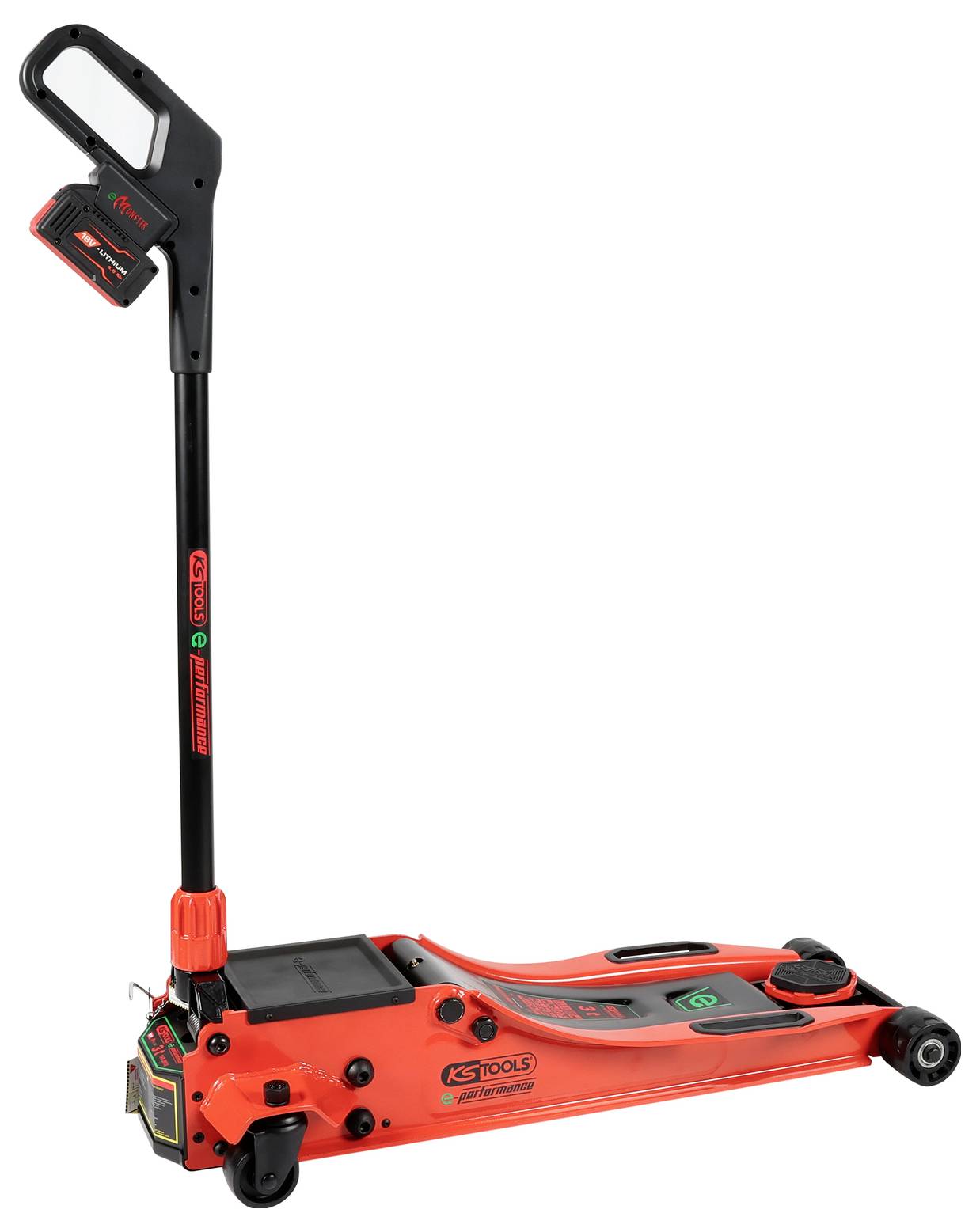 Czerwono-czarny hydrauliczny podnośnik warsztatowy na kółkach z długą rączką do podnoszenia pojazdów, oznaczony marką 'KS Tools'.