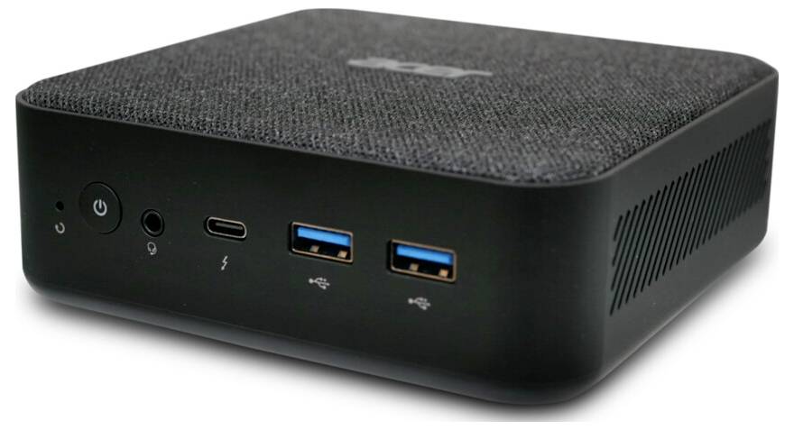 Kompaktowe czarne urządzenie elektroniczne z dwoma niebieskimi portami USB, portem USB-C oraz przyciskiem zasilania, na neutralnym tle.
