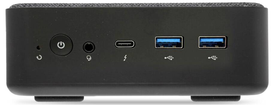Widok z przodu minikomputera PC przedstawiający porty: przycisk zasilania, mikrofon, USB-C, Thunderbolt oraz dwa gniazda USB 3.0.