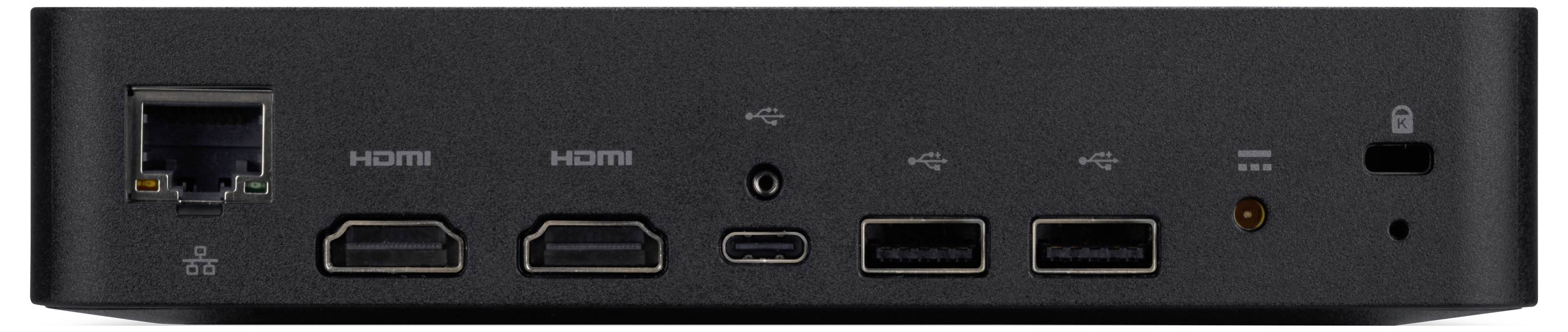 Widok z tyłu stacji dokującej z portem Ethernet, dwoma portami HDMI, portem USB-C, dwoma portami USB-A, wejściem zasilania oraz gniazdem blokady bezpieczeństwa.