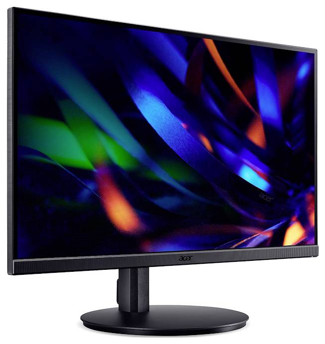 Smukły monitor Acer na stojaku, wyświetlający żywy obraz abstrakcyjny z dynamicznymi niebieskimi, pomarańczowymi i zielonymi wzorami.