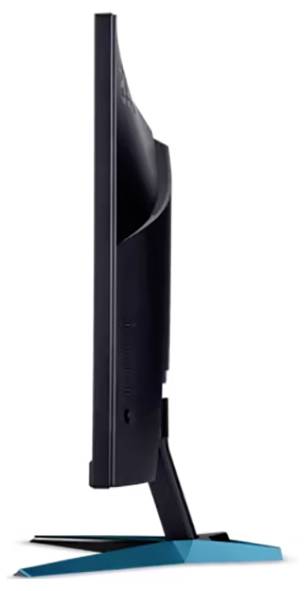 Cienki, czarny monitor komputerowy widziany z boku, prezentujący swoją smukłą sylwetkę na eleganckiej trójkątnej podstawce z niebieskim akcentem.