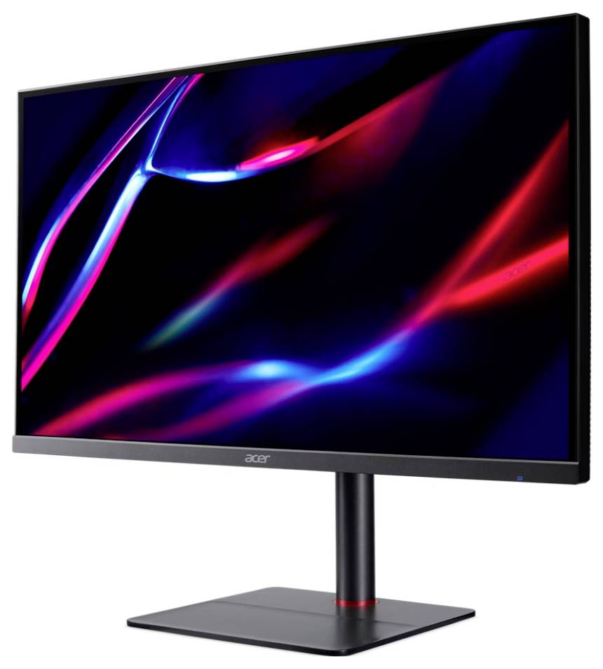 Monitor w wysokiej rozdzielczości wyświetlający abstrakcyjną cyfrową grafikę z żywymi czerwonymi i niebieskimi smugami światła neonowego na ciemnym tle.