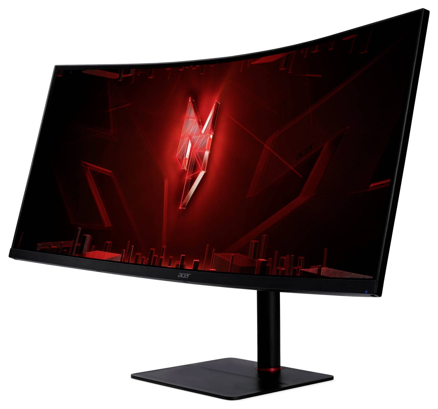 Zakrzywiony monitor gamingowy z czerwono-czarnym wzornictwem ekranu na podstawce, prezentujący stylizowaną czerwoną błyskawicę w centrum.