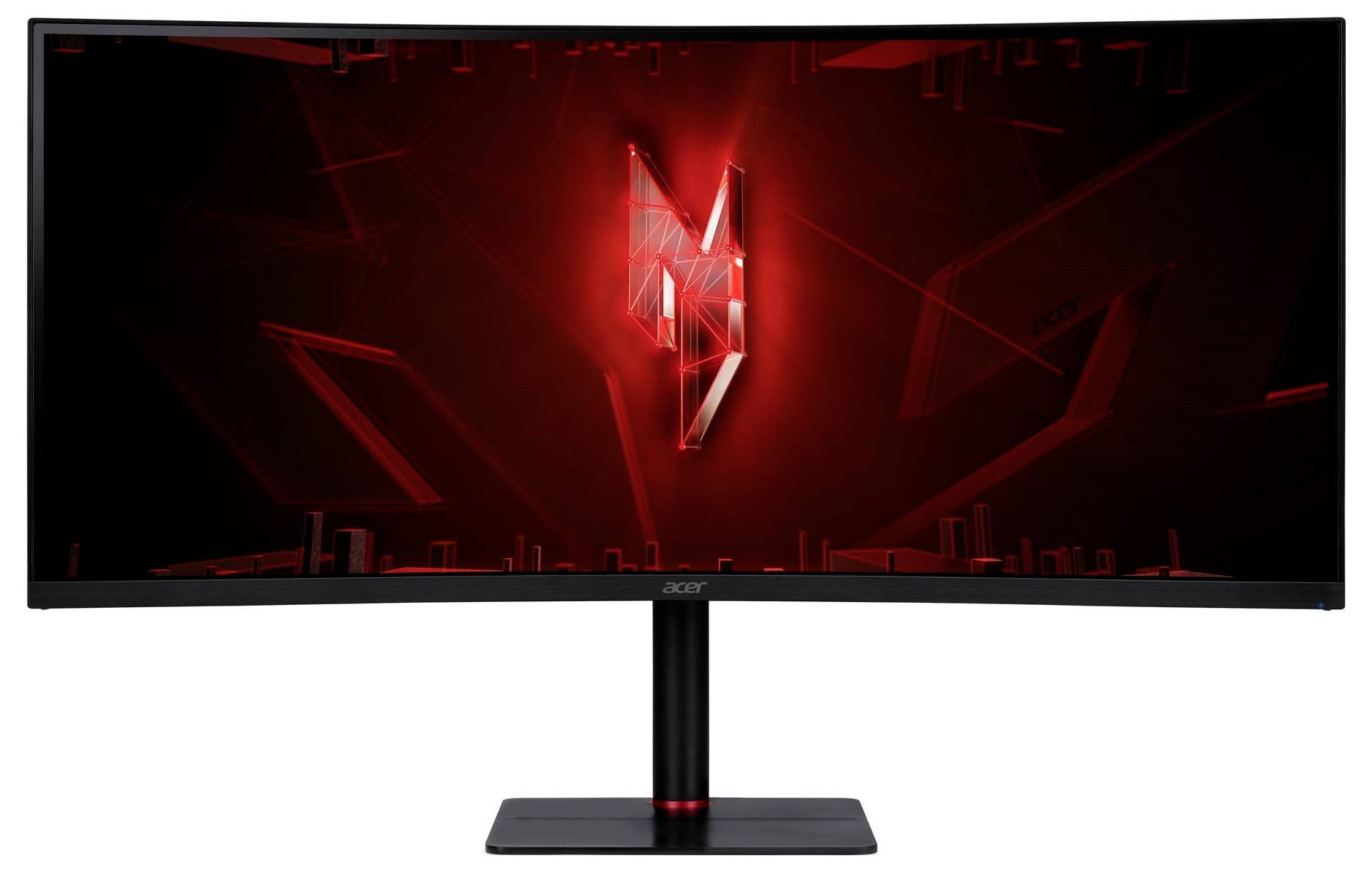 Szeroki, zakrzywiony monitor gamingowy z czerwono-czarnym abstrakcyjnym tłem na ekranie, z świecącą geometryczną projekcją pośrodku.
