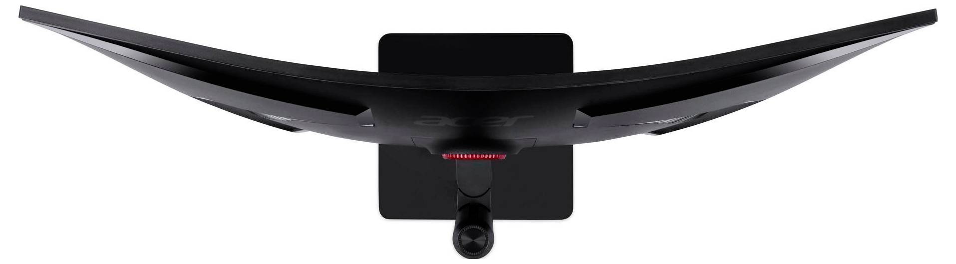 Monitor zakrzywiony, widziany z góry, ukazujący elegancki design i centralny stojak, umieszczony na kwadratowej podstawie.