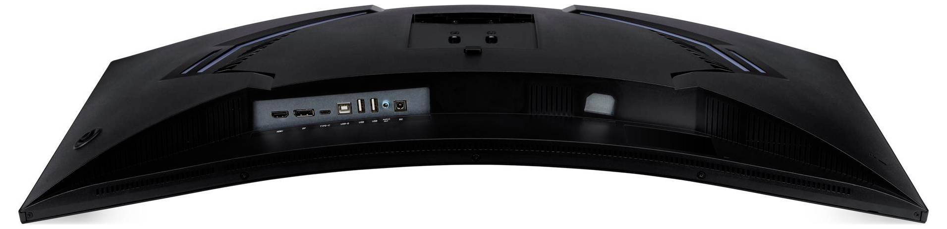 Widok z tyłu zakrzywionego monitora komputerowego przedstawiający różne porty, w tym złącza HDMI, USB oraz audio.