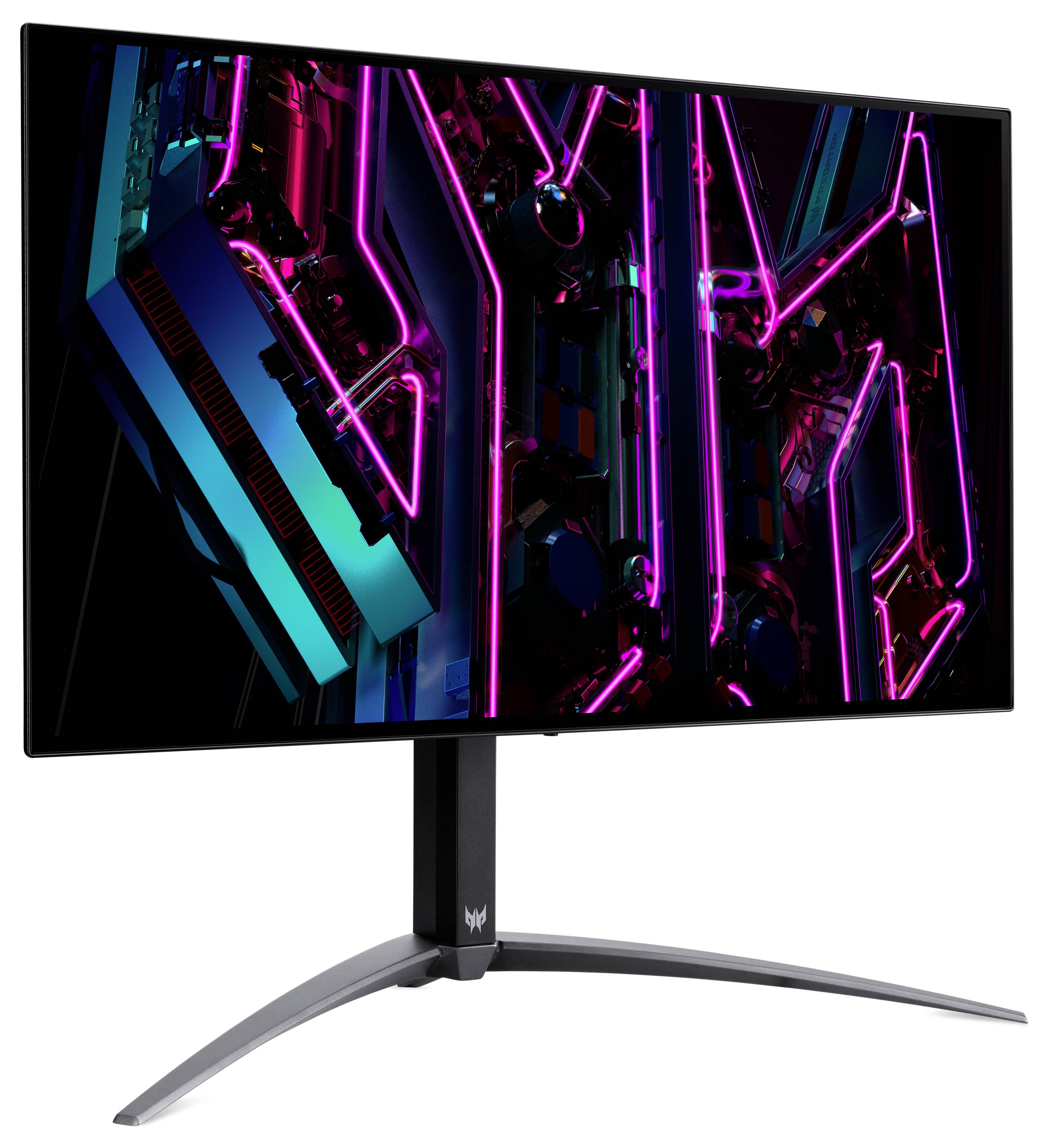 Monitor do gier wyświetlający żywe grafiki neonowe w odcieniach różu i błękitu, charakteryzujący się smukłą sylwetką i regulowanym stojakiem.