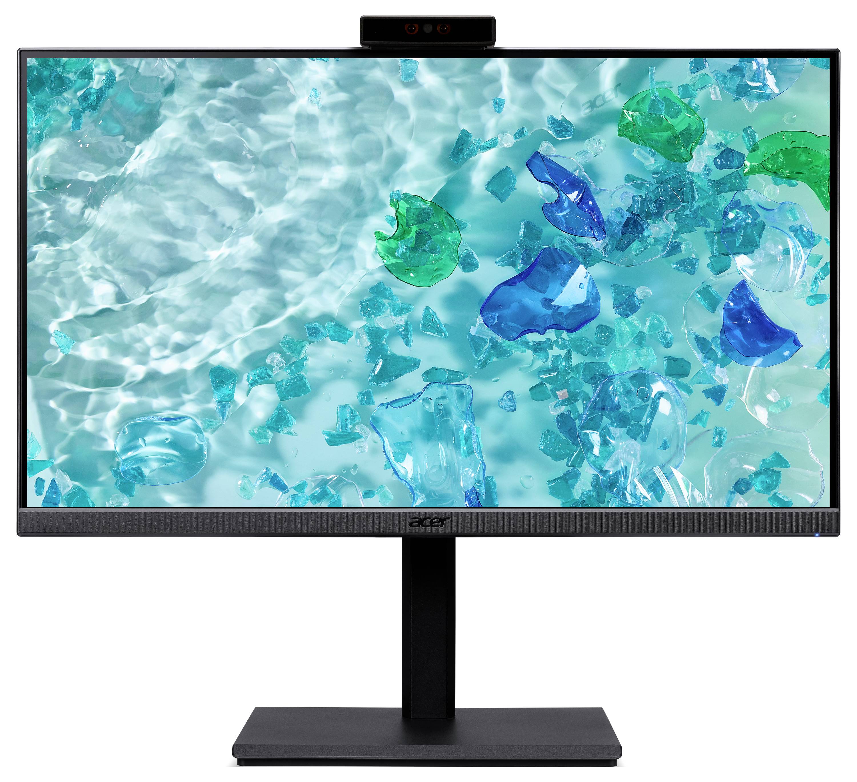 Monitor wyświetlający abstrakcyjną scenę oceaniczną z niebieskimi i zielonymi przezroczystymi kształtami przypominającymi morskie szkło w czystej wodzie.